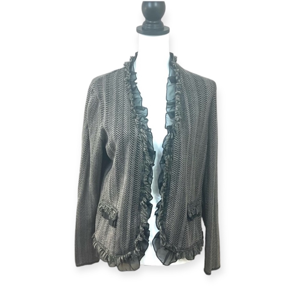 Dana Buchman Gray Knitted Open Front Cardigan Sweater M  Ruffled Fringed